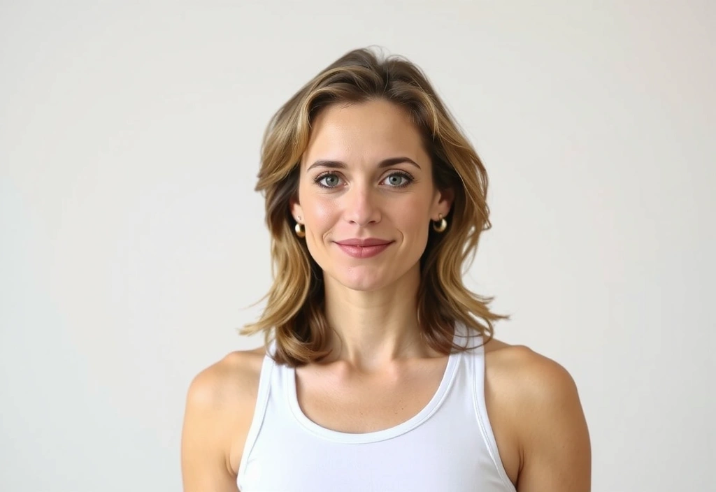 A smiling female yoga instructor with warm eyes and a calm demeanor, in a natural light setting.