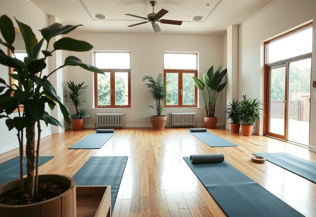 A serene yoga studio interior with soft lighting and natural elements, depicting a calm and inviting atmosphere for holistic well-being.
