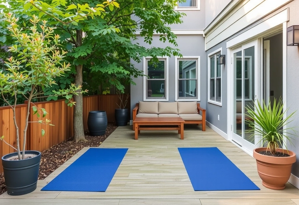 An outdoor patio or garden area connected to the studio, offering a space for reflection.