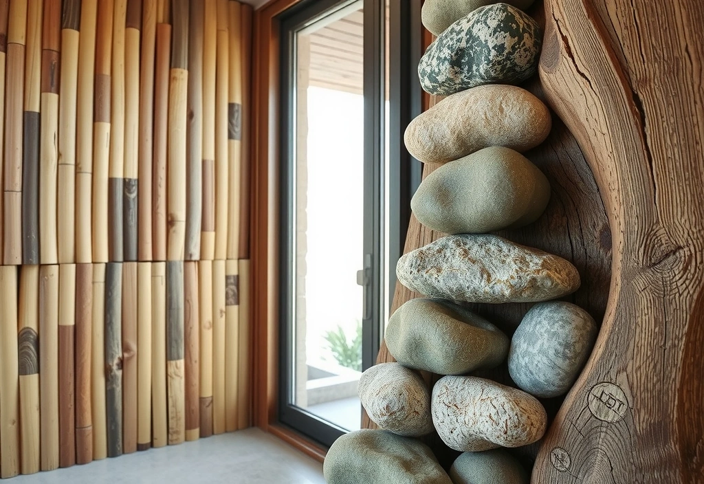 Detail of natural textures in the studio, such as bamboo or stone, enhancing the organic feel.