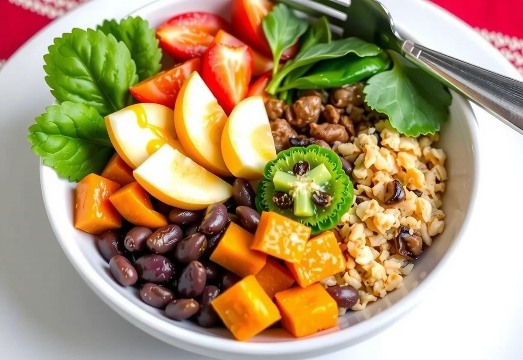 A vibrant, colorful plate of healthy, plant-based food, emphasizing nutrition.