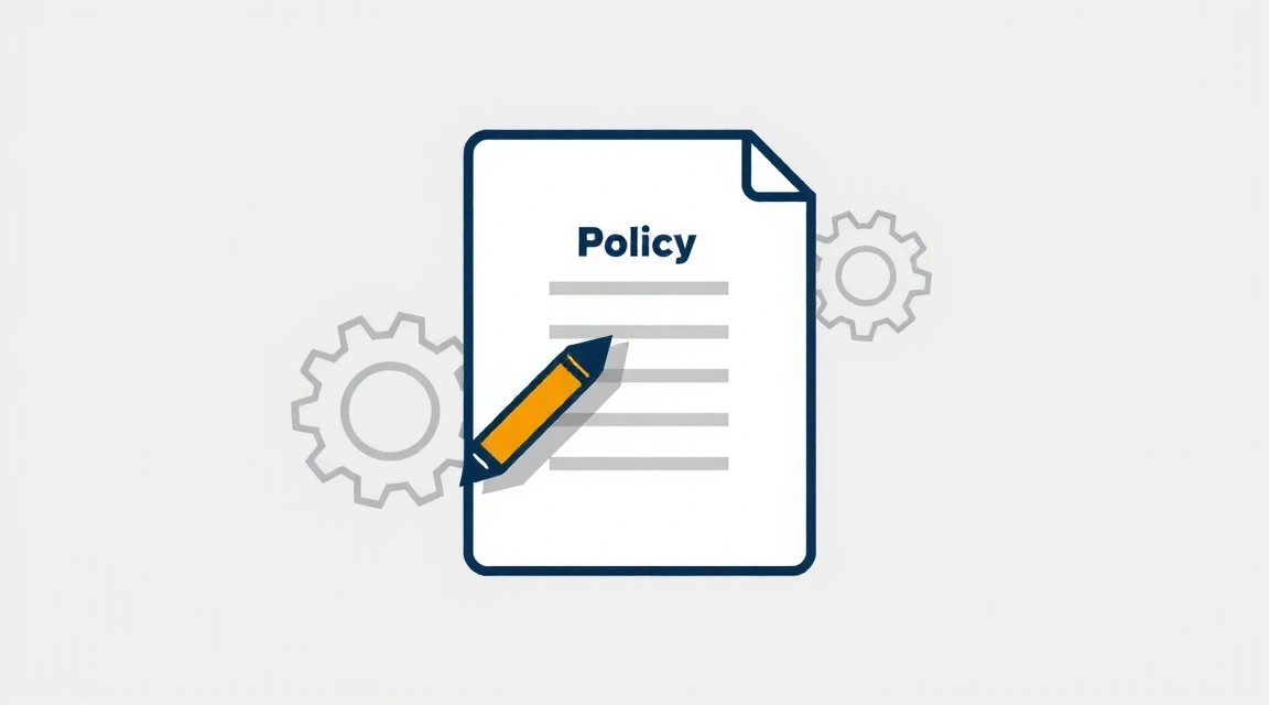 Illustration of a document being updated with a pen and gears, symbolizing policy changes