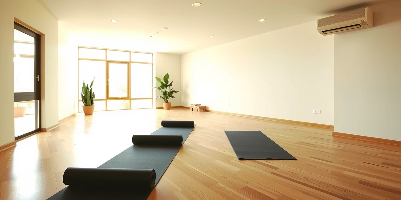Beautiful, spacious yoga studio interior ready for events with natural light and minimalist decor.